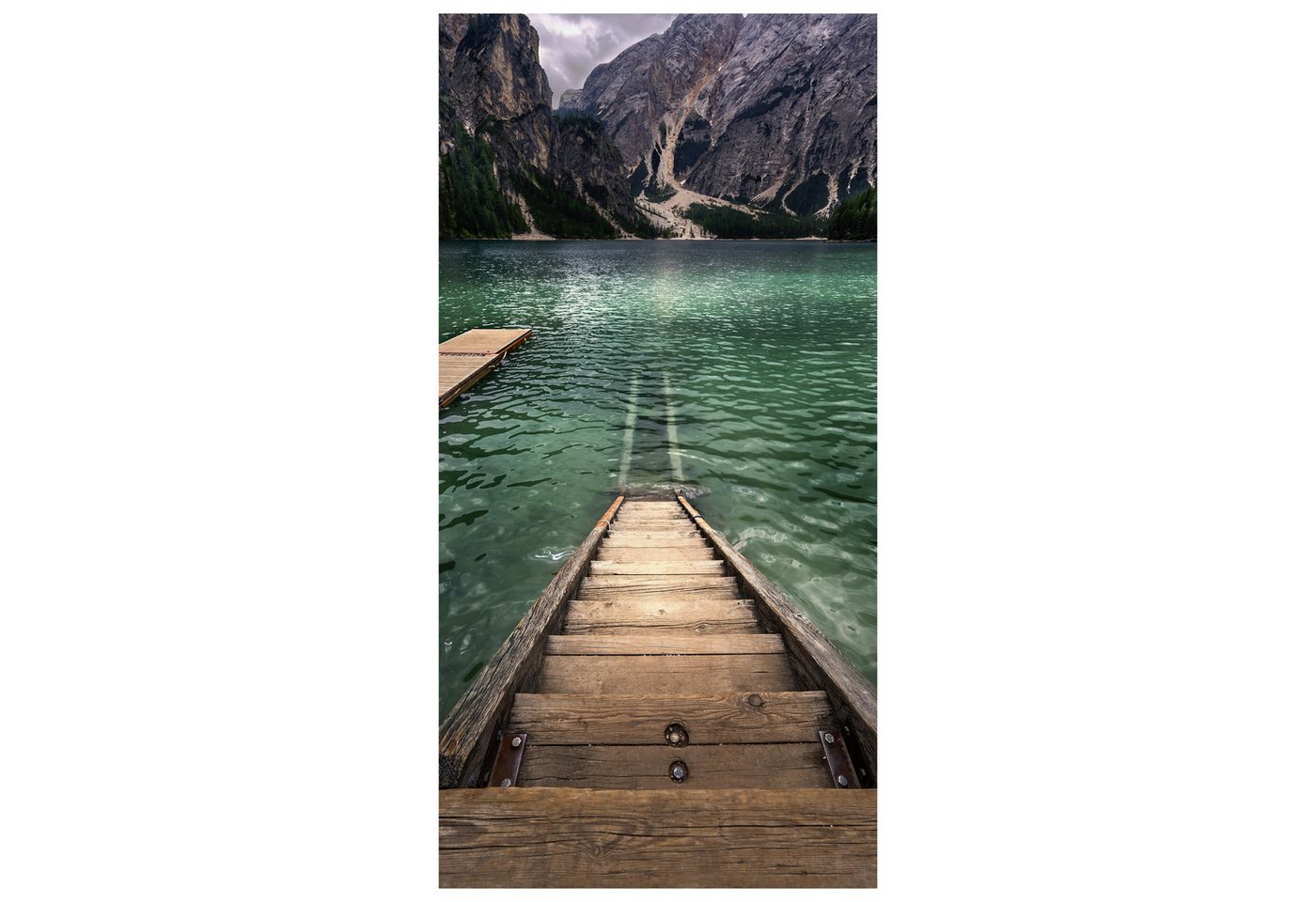 wandmotiv24 Türtapete Holz-treppe im See, Berge, Gebirge, glatt, Fototapete, Wandtapete, Motivtapete, matt, selbstklebende Vliestapete von wandmotiv24