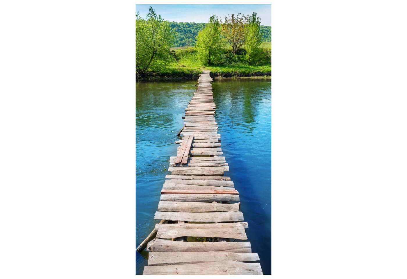 wandmotiv24 Türtapete Holzbrücke über Fluss, Sommer, Natur, glatt, Fototapete, Wandtapete, Motivtapete, matt, selbstklebende Dekorfolie von wandmotiv24