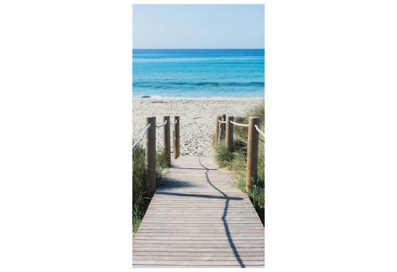 wandmotiv24 Türtapete Holzweg zum Strand, Meer, Holz, Seil, strukturiert, Fototapete, Wandtapete, Motivtapete, matt, selbstklebende Vinyltapete von wandmotiv24