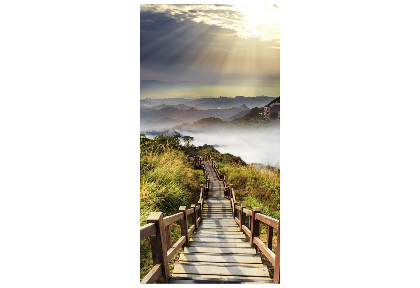 wandmotiv24 Türtapete Treppe auf Berggipfel, Sonne, Wolken, glatt, Fototapete, Wandtapete, Motivtapete, matt, selbstklebende Vliestapete von wandmotiv24