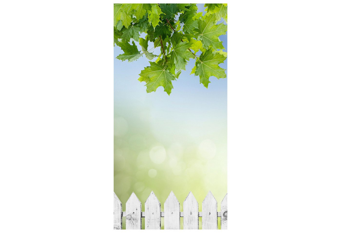 wandmotiv24 Türtapete Weißer Zaun mit Ahornzweigen, glatt, Fototapete, Wandtapete, Motivtapete, matt, selbstklebende Vliestapete von wandmotiv24