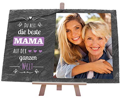 wandmotiv24 wandmotiv24 Schiefertafel Beste Mama, Personalisiert mit Ihrem Farbfoto, Aufstellschild mit Spruch, Holz-Staffelei, Querformat 30x20cm, Natur Schieferplatte, Foto-Geschenk Muttertag, Deko von wandmotiv24