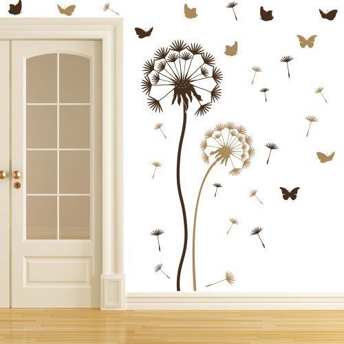 Wandtattoo Pusteblume Set braun/hellbraun - sowie 10 Schmetterlinge und 21 Flugsamen - Große Blume 130 x 40cm, kleine Blume 90 x 30cm von wandtattoo-factory