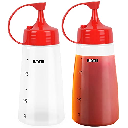 wangjiangda 2 Stück Quetschflasche 300 ml Saucenflasche mit Kappe Leer Squeeze Flasche mit Skala Dosierflasche für Ketchup Ahornsirup Mayo Senf Olivenöl BPA-Frei von wangjiangda