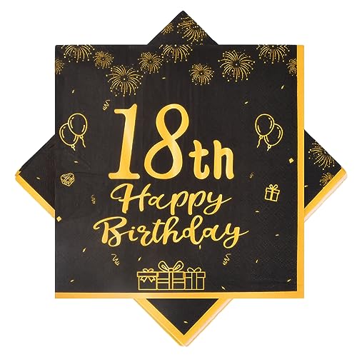 40 Stück Geburtstag Servietten Happy Birthday, Schwarze Serviette Perfekt für Geburtstag/18.Jahrestage von Erwachsenen, Schwarze Papierservietten Party-Tischdeko Party Napkins (18th) von wangjiangda