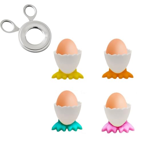 1 x Eieröffner + 4 x Eierbecher, Eierköpfer für gekochte Eier, Eierbecher-Set, Cartoon-Eier, Hühnerfüße, niedlicher Eierständer für rohe, weiche, hart gekochte Eier von wangyun