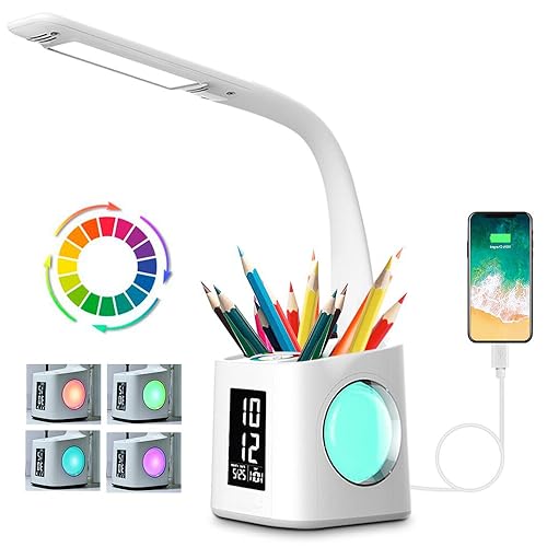 Schreibtischlampe Kinder LED, Tischlampe 10W Touch Dimmbar, Nachttischlampe Tischleuchte 7 in 1 mit 3 Helligkeitsstufen/USB-Anschluss/256 RGB/Stifthalter/Uhr/Kalender und LCD-Bildschirm Leselicht Büro Schreibtischlampe Kinder LED, Tischlampe 10W Touch Dimmbar, Nachttischlampe Tischleuchte 7 in 1 mit 3 Helligkeitsstufen/USB-Anschluss/256 RGB/Stifthalter/Uhr/Kalender und LCD-Bildschirm Leselicht Büro von Wanjiaone