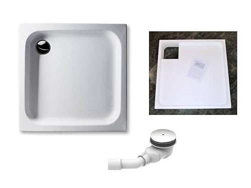 KOMPLETT-PAKET: Duschwanne 80x80 cm flach 6,5cm weiß Acryl + Styroporträger/Wannenträger + Ablaufgarnitur chrom DN 90 / Gesamthöhe ca. 19,5cm / Deutscher Hersteller (weiß, 80 x 80 cm) von wannenfabrik