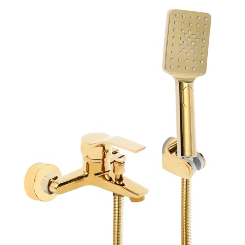 Duschset, Duscharmatur Wasserfall Badewannenarmatur Mischbatterie Wannenarmatur Handbrause Bad Armatur Regendusche, Zwei Arten von Wasserauslässen, für Haus, Wohnmobil, Schule, Gold von wanwanper