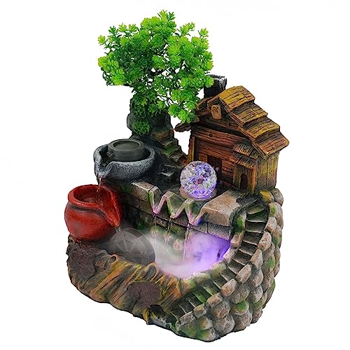 Zimmerbrunnen Brunnen, Steingarten-Wasserbrunnen Tischbrunnen, mit LED Kristallkugel und Zerstäuber, Wasserfall Tischbrunnen, Desktop-Brunnen Wasserfall Ornament, für Heim, Büro von wanwanper