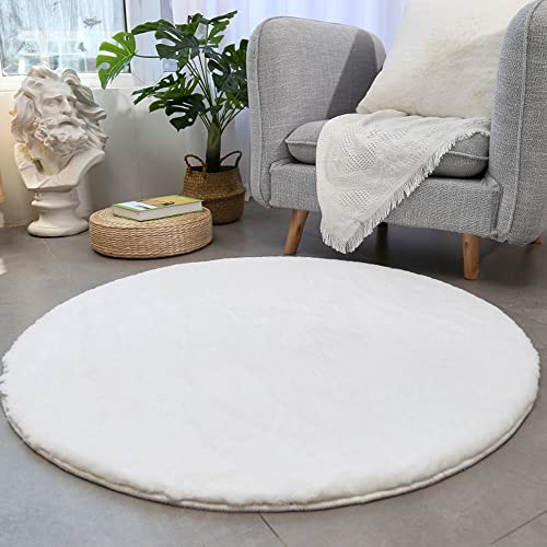 Hochflor Weißer Teppich Wohnzimmer Kunstfell Super Softes Kaninchenfell Imitat, Luxus Super Soft Fellteppich Plush,∅ 120 cm Round von warmsile