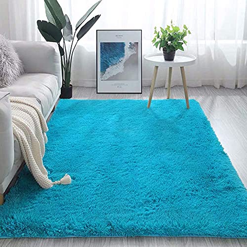 warmsile Teppiche Schlafzimmer Modern Designer Für Wohnzimmer Hochflor Shaggy Langflor Teppich Super Weich Seidig Glatt Fell Zottel Teppich Für Home Decor,Blau,140 x 200 cm von warmsile