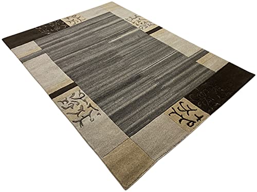 wawa Indo Nepal Handgeknüpft Teppich Beige Grau Schwarz 100% Wolle Hochwertiger Orientteppich (120 x 180 cm) von wawa