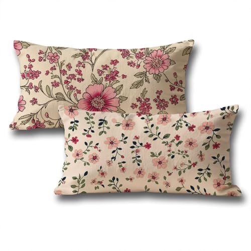 Rechteck Kissenbezug 50x70 Blumen Muster Sofakissen Outdoor Kissen Leinen Herbstdeko Kissenbezüge 2er Set Mit Unsichtbarem Reißverschluss für Halloween Wohnzimmer Deko, Geschenke für Frauen Rosa I-90 von wcusmmog