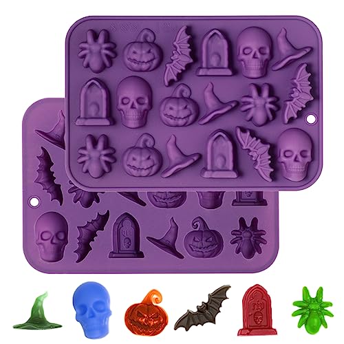 Webake Halloween Bakcform Silikon Pralinenform 2 Stück Schokoladenform Totenkopf Kürbis Geist Fledermaus Hexe Hut Grabstein Silikonform für DIY Halloween Schokolade, Süßigkeiten, Gelee von webake