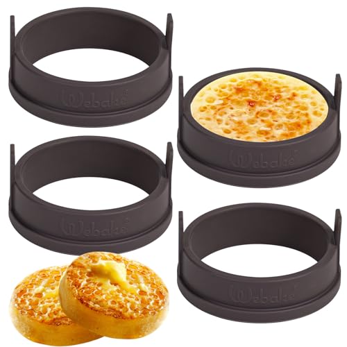 Webake Crumpet Rings Silikon 4 Stück 9cm Pancake Form für pfanne Spiegeleierformen Eierringe Eier Ring für Crumpet Pancake Eier von webake