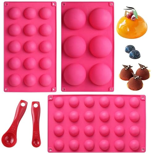 webake Halbkugel Backform Silikon 3 Stück Rund Silikonform Pralinenform Kugel mit 2 Stück Messlöffel für Kuchen Gelee Pudding Süßigkeiten Schokolade 6 Löcher 7 cm 15 Löcher 3.8 cm 24 Löcher 3 cm von webake