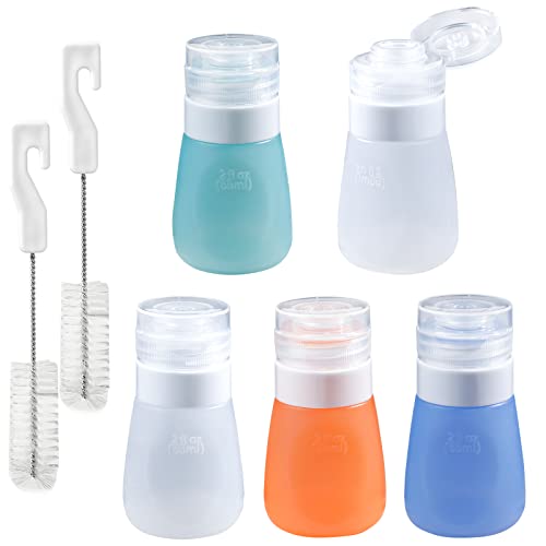 webake Salatdressing Flasche Silikon 5 Stück 55 ml Tragbar Salatdressing Shaker Behälter Quetschflasche mit 2 Reinigungsbürsten für Salat, Sauce von webake