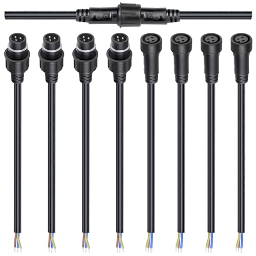 wecan 3-poliges wasserdichtes Kabelverbinder-Set, 16 AWG, 28 cm Stecker/Buchse mit verzinntem Anschluss für wasserdichte Kabelstecker (4er-Set, schwarz) von wecan