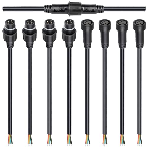 wecan 4-poliges wasserdichtes Kabelverbinder-Set, 18 AWG, 28 cm Stecker/Buchse mit verzinntem Anschluss für wasserdichte Kabelstecker (4er-Set, schwarz) von wecan