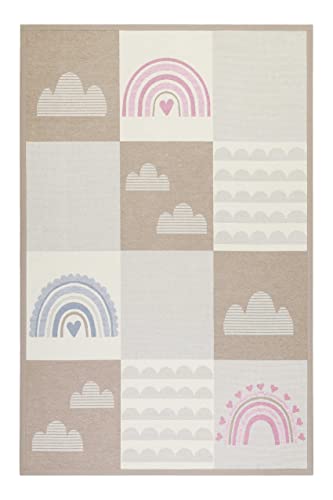 Wendbarer Kurzflor Esprit Kinderteppich mit Regenbogen vorne und Himmel hinten für Kinderzimmer - Lovely Rainbow (140 x 200 cm, beige) von wecon home