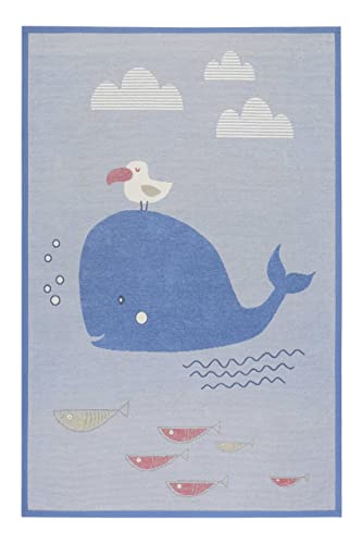 Wendbarer Kurzflor Esprit Kinderteppich mit Wal vorne und Sternenhimmel hinten für Kinderzimmer - Whale Buddy (100 x 160 cm, blau) von Wecon Home