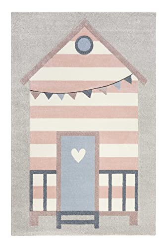 Wecon Home Moderner Kurzflor Esprit Kinderteppich mit Strandhausmotiv - SEA Castle (80 x 150 cm, hellgrau rosa) von Wecon Home