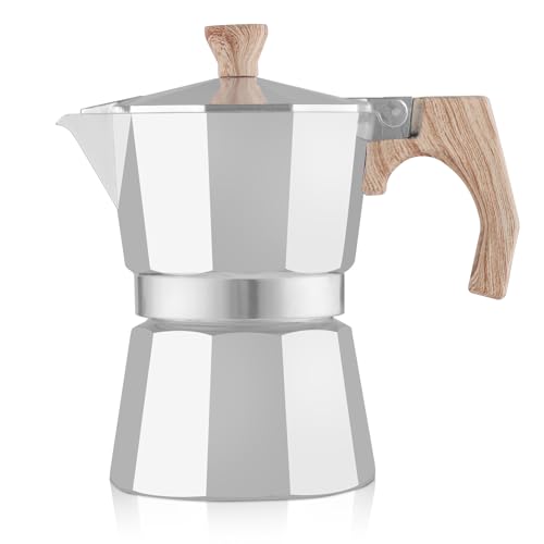 wedrink Herd Espressomaschine 3 Tassen, Mokka italienische Espressomaschine, Mokka Topf Espressokocher 150ml Anti-Verbrühung Hand Holzgriff, Aluminium, Silber von wedrink