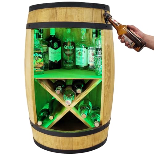 Holzfass mit Flaschenöffner und Weinregal. Fassbar 80cm - Rustikale deko Barschrank - Hausbar R.G.B. Weinrefal, Fassbier, Whisky Bar. Geschenk für Männer (Hellbraun/Eiche) von weeco