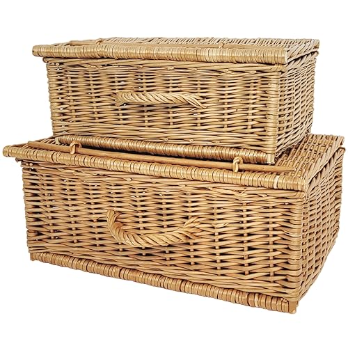 Retro-Stil Korbkoffer Set 2 Stück. Weidenkorb 50cm und 40cm, Aufbewahrungskorb Geflochten. Organizer Picknickkorb Aufbewahrungsbox für Reisen Camping. Koffer Korbtruhe von weeco