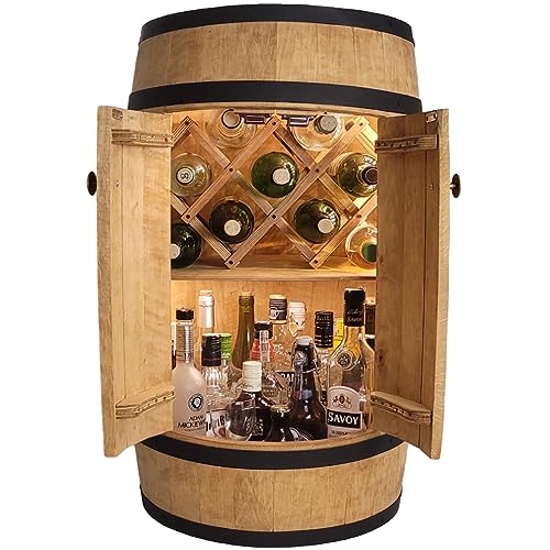 weeco Fassbar L.E.D mit Tür und Weinhalter - Weinregal. Fass Hausbar Weinrack 80 cm. Rustikaler deko Barschrank Weinständer. Fassbier, Whiskybar. Flaschenständer Bar Kabinett (Helle Eiche) von weeco