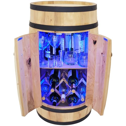 weeco - Fassbar mit Tür und Weinhalter RGB-LED-Beleuchtung - Weinregal. Hausbar Weinrack 80 cm. Rustikaler deko Barschrank Weinständer Fassbier, Whisky bar Flaschenständer - Holzfass von weeco
