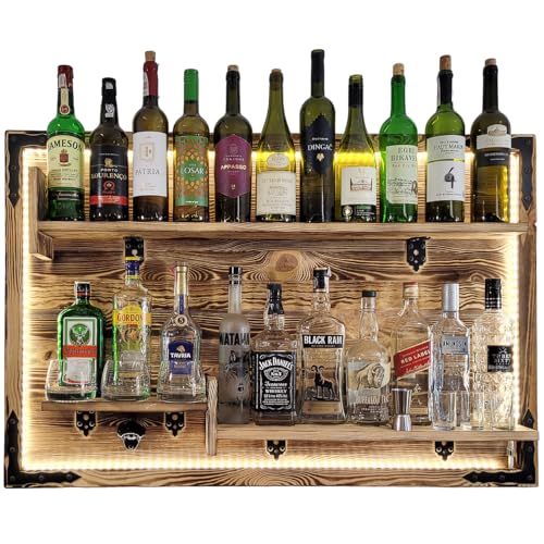 weeco Hängendes Regal an der Wand L.E.D., rustikale Wandbar, Wandregal, Wandregal für Whisky, rustikaler Alkohol, Gin, Whisky-Wandregal, Alkoholständer, Weinstand, Wandbarregal, Weinstand von weeco