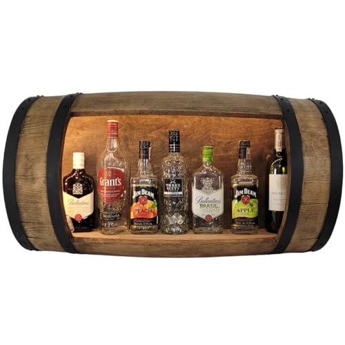 weeco Holzfass Hängendes hölzernes Fassförmiges Regal mit LED Beleuchtung, Mini-Bar an der Wand, hängendes Regal für Alkoholflaschen. zum aufhängen holzfass fassbar von weeco