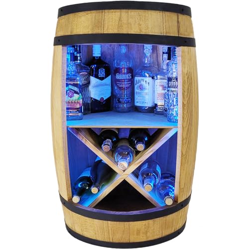 weeco Holzfass Schrank LED - Weinregal Getränkeschrank - Regal für Bücher und andere Dinge Weinschrank - Fassbar Wine Rack Holzregal Deko Zimmer Modern Fass Aufbewahrungsschrank Mini Bar von weeco