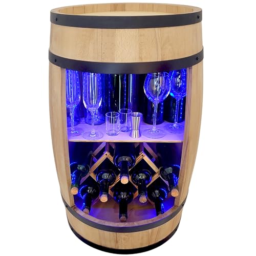 WEECO Holzfass mit Weinhalter RGB LED Beleuchtung. Weinregal. Fassbar 80 cm. Rustikaler deko Barschrank Weinständer – Hausbar Fassbier, Whiskybar Flaschenständer. Hausbar Geschenk für Mann (Hellbraun) von weeco