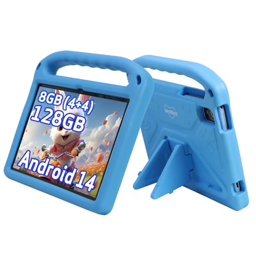 Verbessert Tablet Kinder, 10 Zoll Android 14 Tablet für Kinder mit Hülle, 8 (4+4) GB RAM 128 GB ROM, Bluetooth WiFi 6, Kindersicherung, HD-Bildschirm, lange Akkulaufzeit 6000 mAh, Dual-Kamera(Blau) von weelikeit