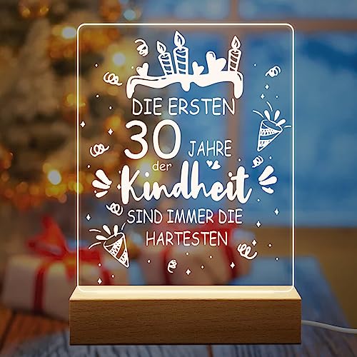 Geschenk 30 Geburtstag Frauen Mann, Acryl Nachtlicht LED Lampe Geschenke Deko mit Ovalem Holzsockel, Besondere 30 Jahre Geburtstagsgeschenk, Personalisierte 30. Geburtstag männer freundin Geschenk von weeyin