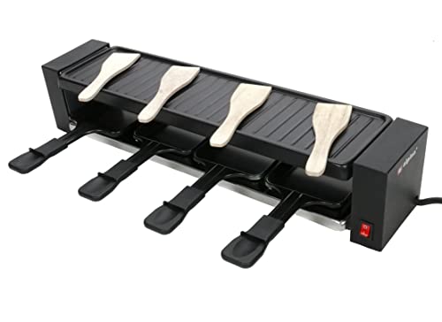 JUNG ALPINA Raclette-Grill/Steingrill für 4 Personen, Partygrill, zum Grillen und Überbacken (Fleisch, Fisch, Gemüse), Grill Antihaftbeschichtet, 4 Pfännchen, starke 800W von weg-ist-weg.com