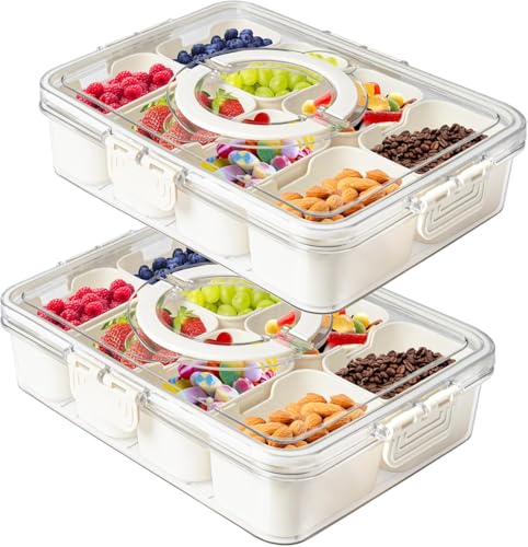 weiclianhp 2 Stück Snackteller mit Deckel, Snackbox mit 8 Fächern, Snackteller mit Fächern mit Deckel und Griff, Snack Box Organizer für Snacks, Nüsse, Gewürz, Süßigkeiten, Desserts, Obst, Keks von weiclianhp