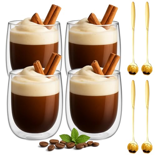 weiclianhp Latte Macchiato Gläser 4er Set, 350ML Cappuccino Gläser mit Löffeln und Untersetzern Doppelwandige Cappuccino Kaffeegläser, Latte, Tee, EIS, Iced Americano, Saft weiclianhp Latte Macchiato Gläser 4er Set, 350ML Cappuccino Gläser mit Löffeln und Untersetzern Doppelwandige Cappuccino Kaffeegläser, Latte, Tee, EIS, Iced Americano, Saft von weiclianhp