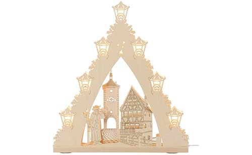 weigla - Lichterspitze original Erzgebirge I Motiv Rothenburg ob der Tauber I Lichterbogen Weihnachten I 7 Lampenkerzen + 1 Ersatzlampe I 7 x 34 V, 3 W, E10 I Weihnachtsdeko innen I aus Holz von weigla