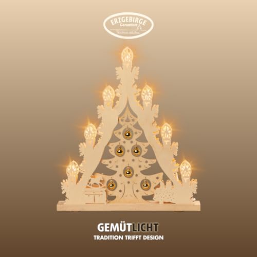 WEIGLA - Lichterspitze original Erzgebirge I Motiv Weihnachtsbaum mit goldenen Kugeln I LED Lichterbogen Weihnachten I 7 Lampenkerzen + 1 Ersatzlampe I 7 x 34 V, 0,2 W, E10 I Weihnachtsdeko innen von weigla