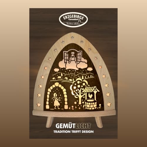 WEIGLA - Dekoleuchte original Erzgebirge I Motiv Frau Holle I 1 LED Lampe I 0,8 W, E14 I Märchenhafte Leuchte für Innen I Weihnachtsbeleuchtung aus Holz I Fensterdeko von weigla