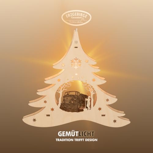 weigla - Fensterbild original Erzgebirge Tannenbaum Winterdienst IFA W50 I Weihnachtsdeko Fenster I 1 Lampe I 7 W, E14 I Fensterbild Weihnachten I Weihnachtsbeleuchtung Holz I Fensterdeko hängend von weigla