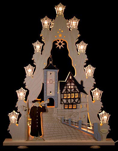 weigla - Lichterspitze original Erzgebirge I Motiv Rothenburg ob der Tauber I LED Lichterbogen Weihnachten I 15 Lampenkerzen + 1 Ersatzlampe I 15 x 16 V, 0,2 W, E10 I Weihnachtsdeko innen I aus Holz von weigla