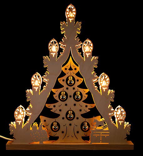 WEIGLA - Lichterspitze original Erzgebirge I Motiv Weihnachtsbaum mit goldenen Kugeln I LED Lichterbogen Weihnachten I 7 Lampenkerzen + 1 Ersatzlampe I 7 x 34 V, 0,2 W, E10 I Weihnachtsdeko innen von weigla