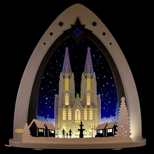 weigla - LED Lichterspitze original Erzgebirge I Motiv Kölner Dom I LED Lichterbogen Weihnachten I Größe 52 x 53,5 x 9 cm I beleuchtete Weihnachtsdeko innen I aus Holz von weigla