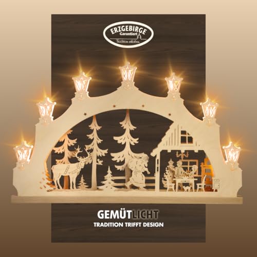 weigla - Schwibbogen LED original Erzgebirge 7 flg. Weihnachtsabend - Lichterbogen Weihnachten - 7 x 34 V, 0,2 W, E10 - Weihnachtsdeko innen - Schwibbogen aus Holz von weigla