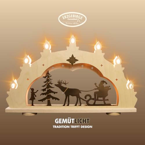 weigla - Schwibbogen LED original Erzgebirge 7 flg. Weihnachtsmann auf Schlitten Rustikal - Lichterbogen Weihnachten - 7 x 34 V, 0,2 W, E10 - Weihnachtsdeko innen - Schwibbogen aus Holz von weigla